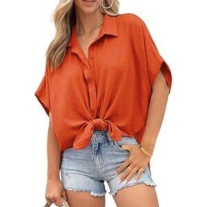 Large Button Short Sleeve Orange Blouse